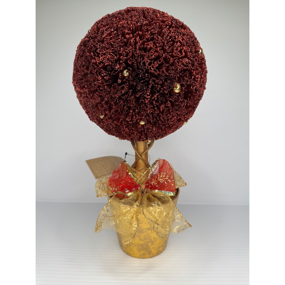 13" Red Sparkle Holiday Topiary Tree Burgundy Gold Bead Hand Crafted Decor NEW